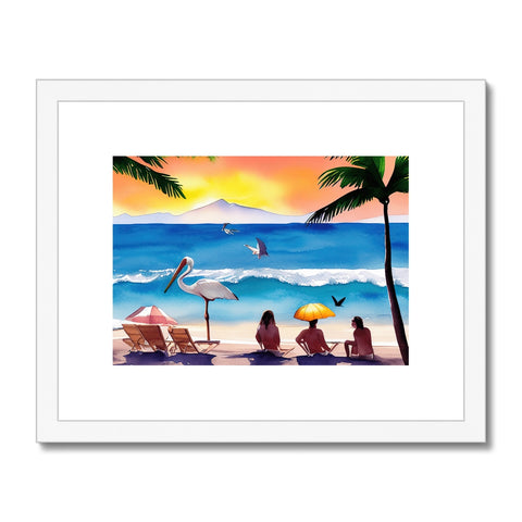 Art print of a beach with several people surfing and the light on a lake
