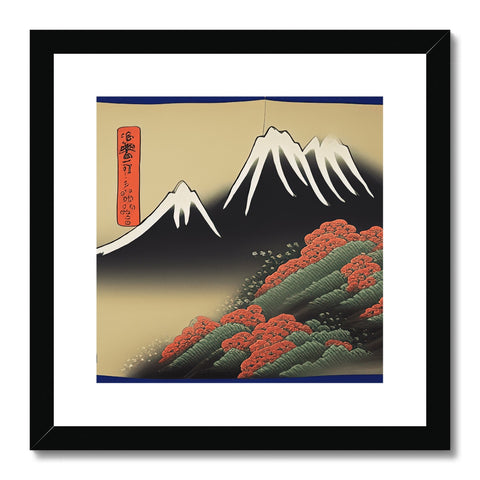 A picture of Japan mountain peaks framed on stone hanging on a wall.