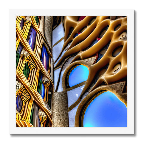 A stained glass image of a building covered in art on a wall with trees and a