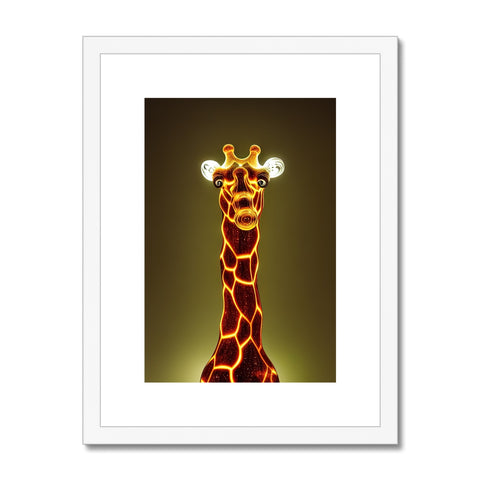 A giraffe standing at night on top of a hillock next to people in the