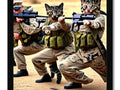 Several cats stand under pictures of a wall with rifles.