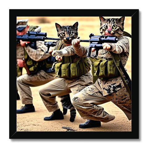 Several cats stand under pictures of a wall with rifles.