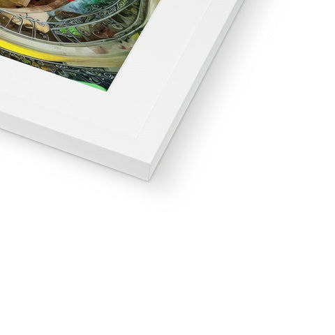 A photo of artwork on a large white card that hangs in a frame.