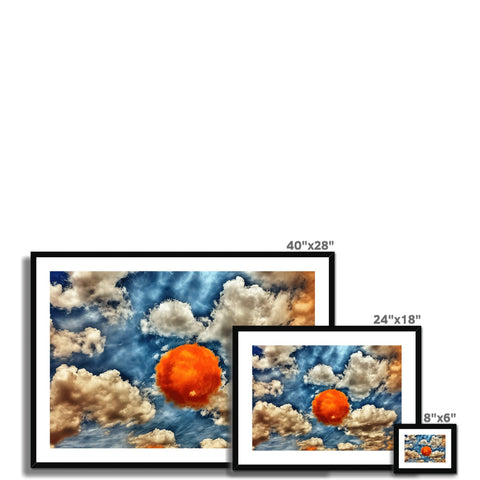 Two picture frames of various images of clouds on a desk.