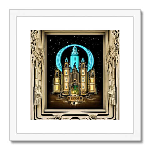Art print clock with gold and silver, is framed next to a fountain.