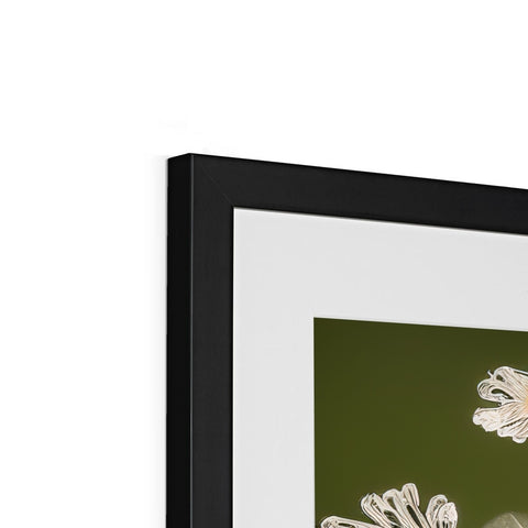 A frame sitting on shelves with an upside down shot of flowers on it.