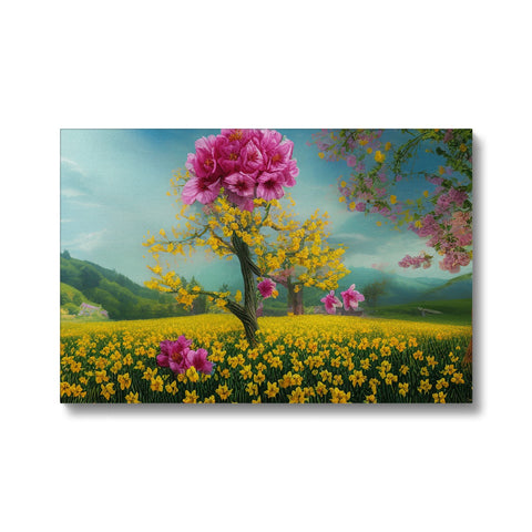 The art print stands on a large flower and tree in front of flowers.