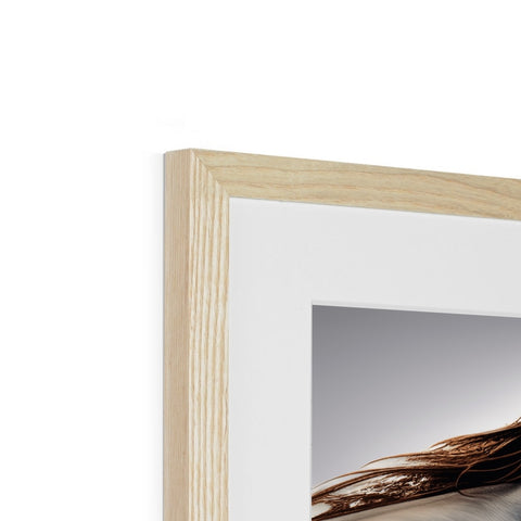 Wood picture framed in a white frame with a photo of a woman.