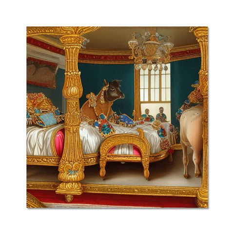 A bedroom with a full length photo of a horse drawn sleigh bed and toys and