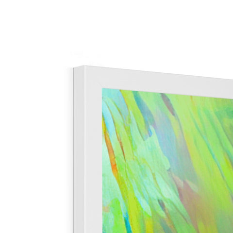 A photo of an abstract painting hanging on some books on a white background.