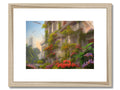 A framed picture of a city with tropical and tropical plants in a wall.