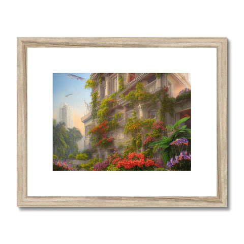 A framed picture of a city with tropical and tropical plants in a wall.