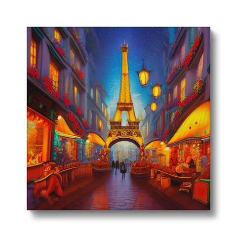 An image in art print of the Eiffel Tower and buildings are in the background