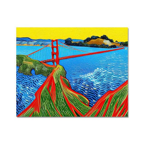 A rainbow painting of a golden gate standing next to a lake.