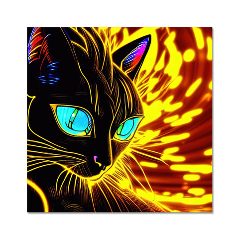 A cat standing near colorful art print on a wooden frame.