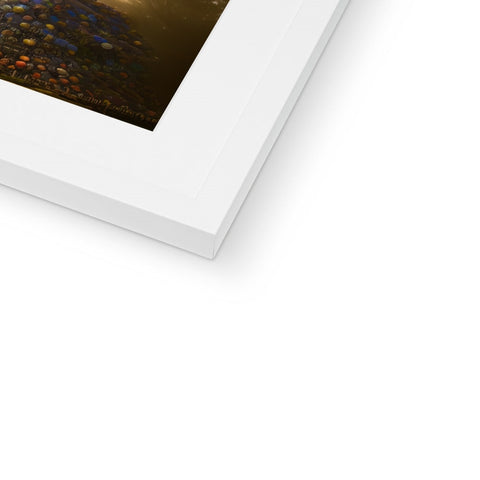 An abstract framed photograph in a photo frame with a close up picture of flowers on the