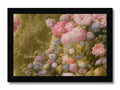 Pink flowers on a blue framed wall of art paper.