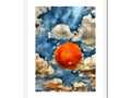 Art print of a cloud covered in fire and fog with stars in the sky above.