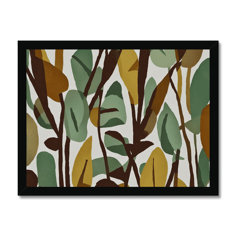 Art print hanging on a wall with green and black leafy plants.