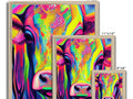 A collection of three different framed images of cows and cows of a color and design.