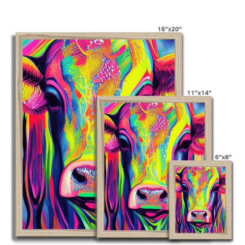 A collection of three different framed images of cows and cows of a color and design.