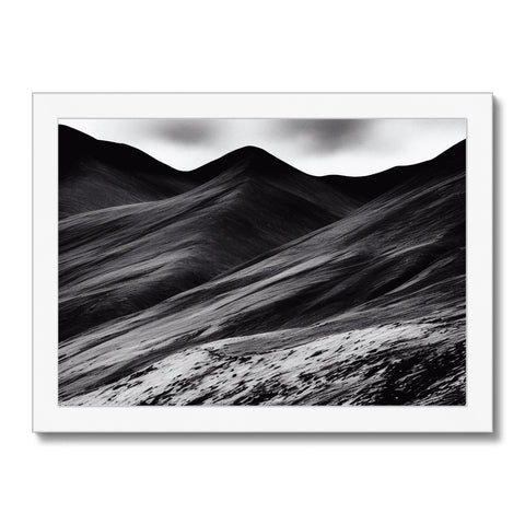A lush black and white landscape that is set in a dark rocky landscape.