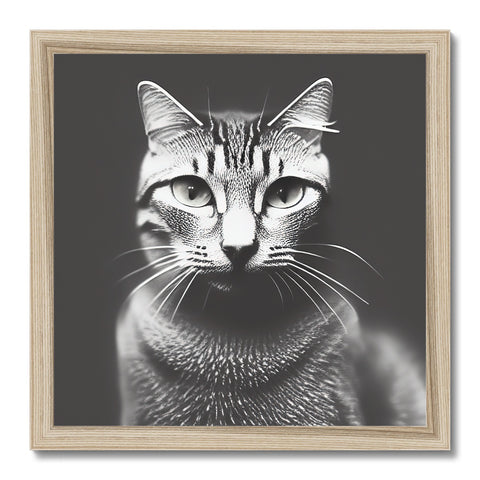 A gray and white cat posing on a wooden framed photo.