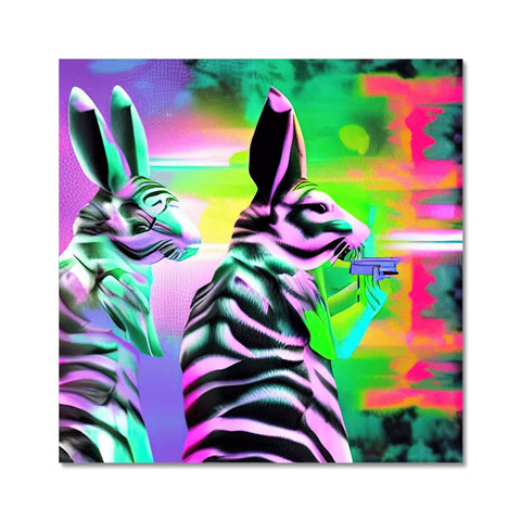 A zebras and rabbit sitting on top of a field with a wall in the