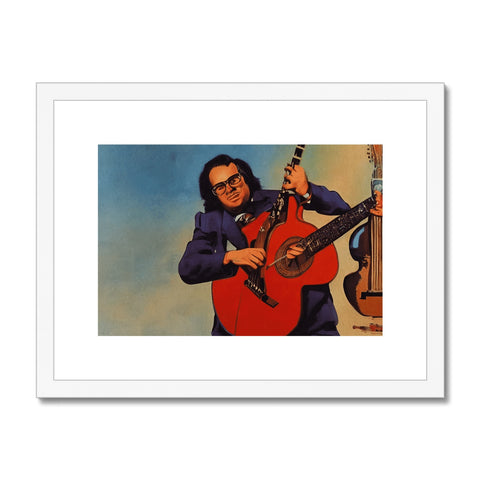 Guy plays guitar while holding a guitar in an art print printed with a hand written print