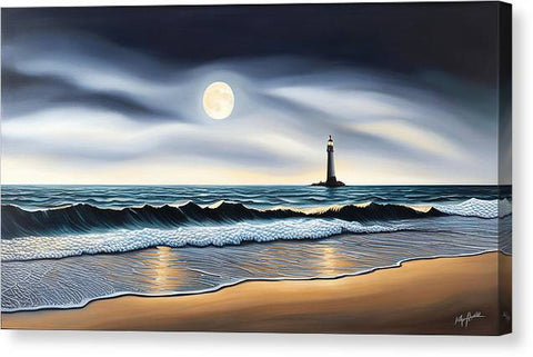 Eerie Lighthouse at Night Beach Painting - Canvas Print