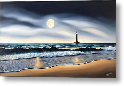 Eerie Lighthouse at Night Beach Painting - Metal Print