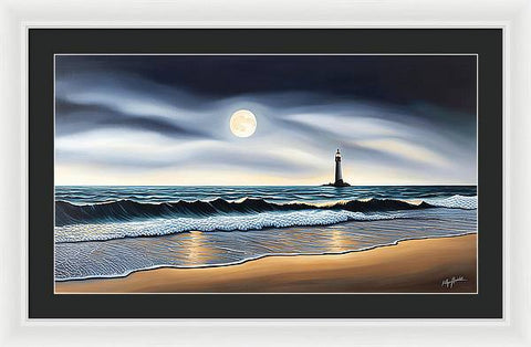 Eerie Lighthouse at Night Beach Painting - Framed Print