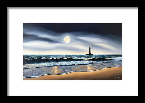 Eerie Lighthouse at Night Beach Painting - Framed Print