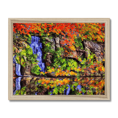 Fall foliage flowing from a waterfall in the background of an art print.