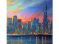 Art print of Chicago skyline up against dark skies.