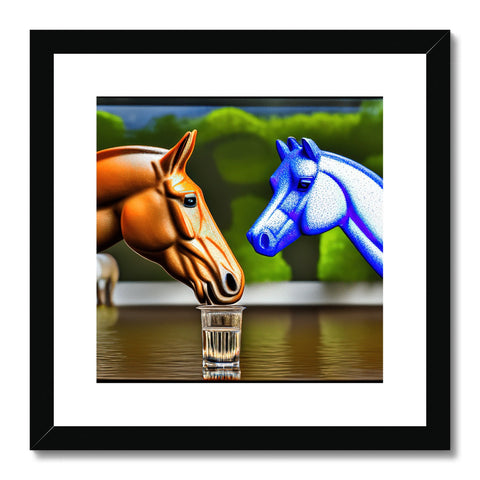 Two horses riding into a watery place. Photo frames show them facing each other in