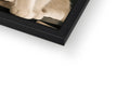 A photograph of a cat on a white framed photo frame that has a white picture frame
