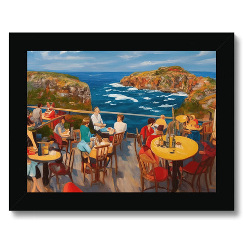 An outdoor table with an art print on it sitting on the side of a cliff overlooking