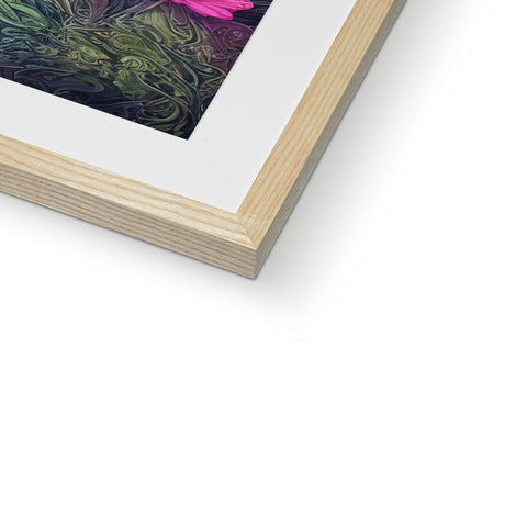 A picture of flowers in a wooden frame sitting in front of a picture frame on a