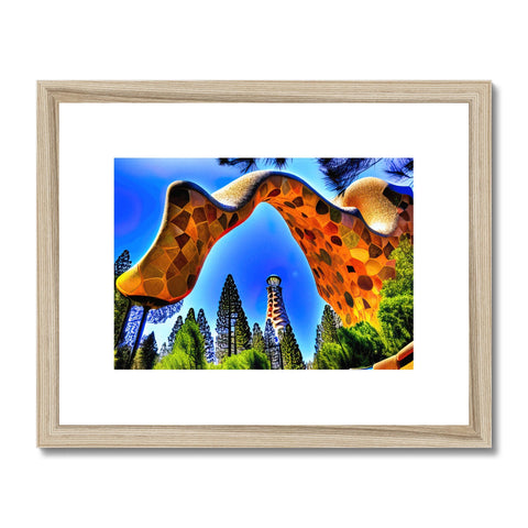 A colorful frame with a photo of a giraffe standing in the dirt with a tree