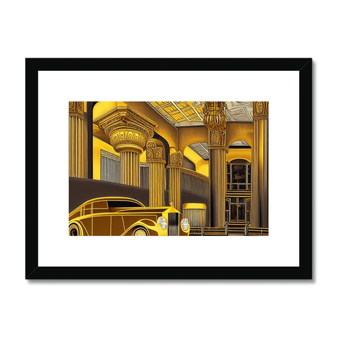 A portrait of a gold plated building with gold framed print.