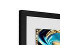 A close-up of a picture frame with gold and silver photo of an artwork on