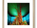 A wooden art print is mounted on a shelf with a green fish fish tank and some