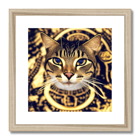 Gold framed framed picture of an Egyptian cat in gold foil with silver frames.