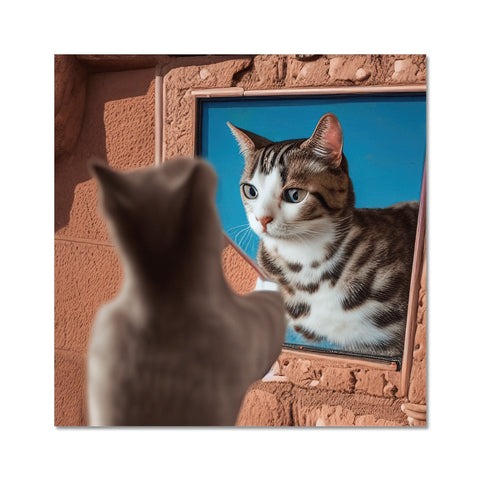 A cat is looking at the mirror in front of a picture frame on the wall.