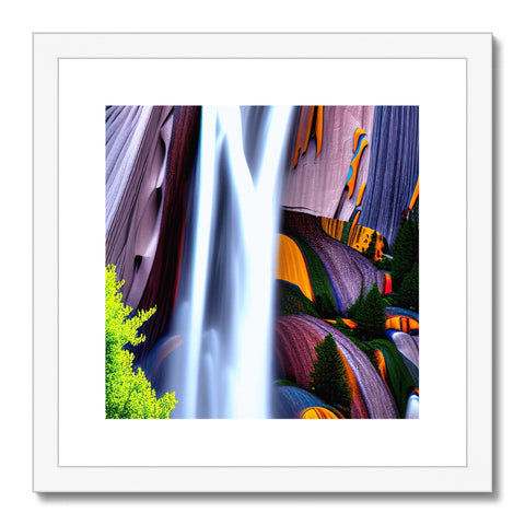 An art print by a waterfall against a blue background.