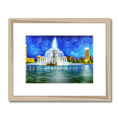 A framed artistic print with a view of a city skyline and a fountain.