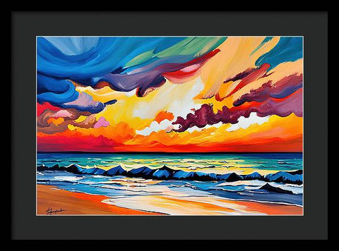 Explosive Abstract Impressionist Beach Painting with Epic Sunset - Framed Print