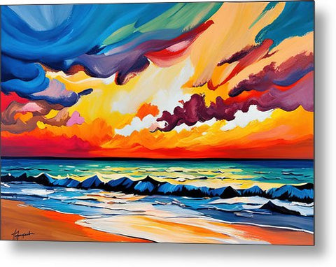 Explosive Abstract Impressionist Beach Painting with Epic Sunset - Metal Print