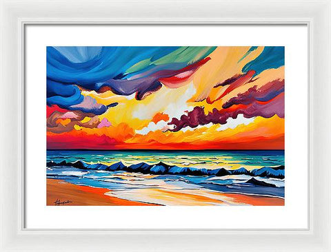 Explosive Abstract Impressionist Beach Painting with Epic Sunset - Framed Print